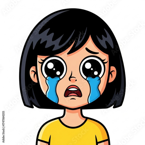 Heartbroken girl with tears rolling down her face, a poignant cartoon illustration of emotional distress and overwhelming sadness, expressing deep sorrow