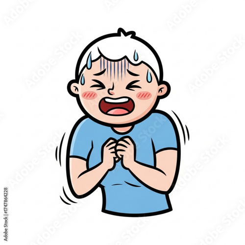 Stressed and overwhelmed young person with sweat drops expressing anxiety and fear for mental health awareness, originally designed as scalable vector