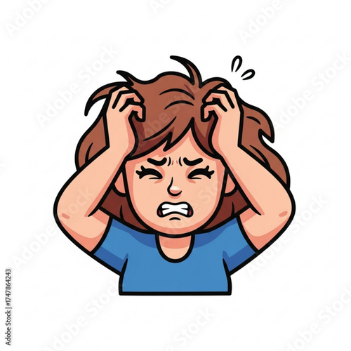 Stressed cartoon girl with hands on head pulling hair in frustration, feeling anxious and overwhelmed with a major headache and mental burnout on white