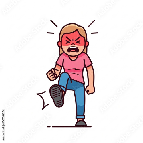 Furious young woman stomping foot in frustration with red face, expressing anger and rage in dynamic illustration, originally a scalable vector graphic