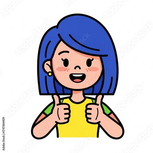 Cheerful girl with blue hair giving enthusiastic thumbs up, perfect for positive messages, success stories, and expressing approval, a fun cartoon character