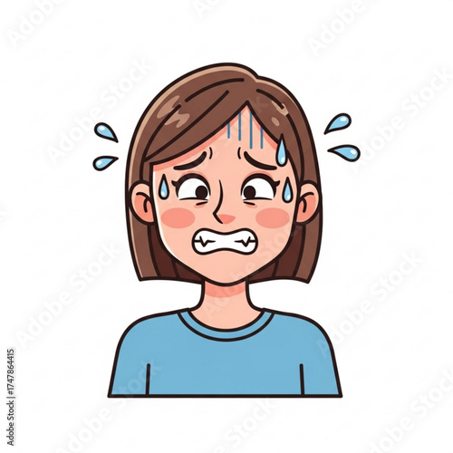 Stressed young woman feeling anxious and overwhelmed, sweat dripping, facial expression conveys intense worry, isolated on white for versatile use