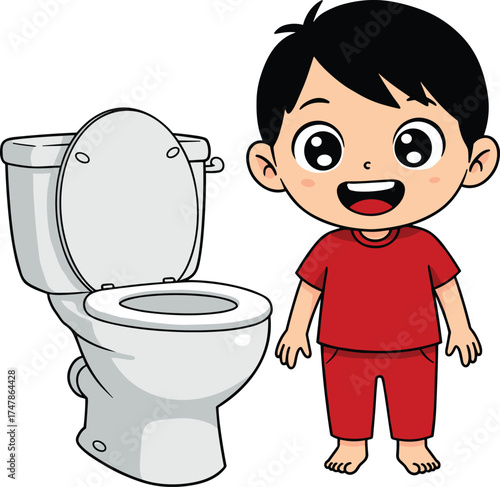Cartoon child standing beside toilet, educational vector illustration for bathroom habits, hygiene training, potty learning, daily routine, and home behavior themes