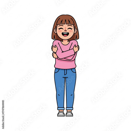 Cute cartoon woman embracing herself with joy and happiness, radiating self-love and confidence in a modern, vibrant style, originally designed as vector art