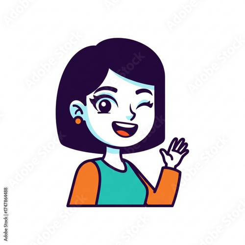 Cheerful cartoon woman winking and waving hello, perfect for friendly greetings, social media posts, and engaging content with a playful touch