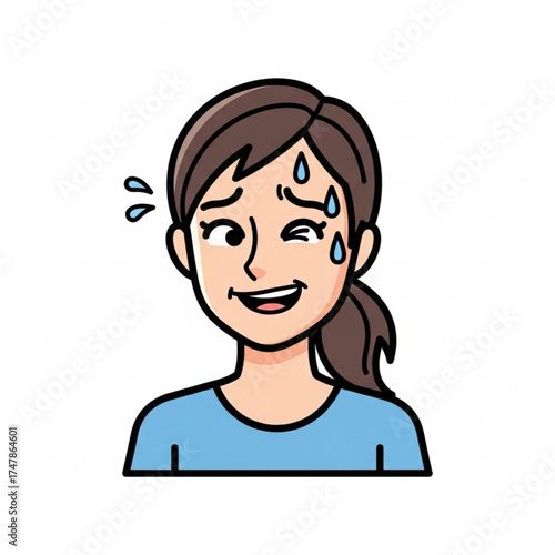 Cartoon woman winking while sweating nervously conveys anxiety, pressure, or discomfort in a humorous, relatable way, ideal for stress concepts