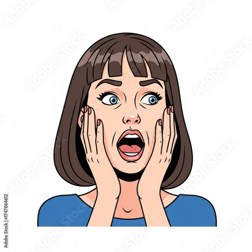 Startled woman with hands on face, eyes wide with shock and disbelief, perfect for expressing surprise or fear, a retro or pop art style moment