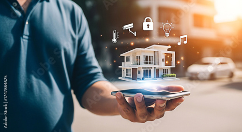 Man holds phone displaying smart home automation technology and modern house design