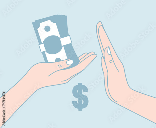 An illustration of hands refusing money, symbolizing strong ethical values and the rejection of materialism, perfect for discussions about finance and integrity.