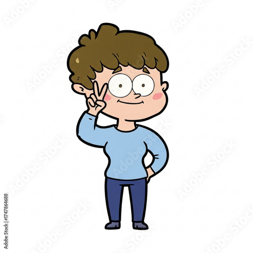 Cheerful cartoon woman exudes positivity with a playful peace sign, radiating vibrant youthful energy, perfect for engaging content marketing and friendly branding