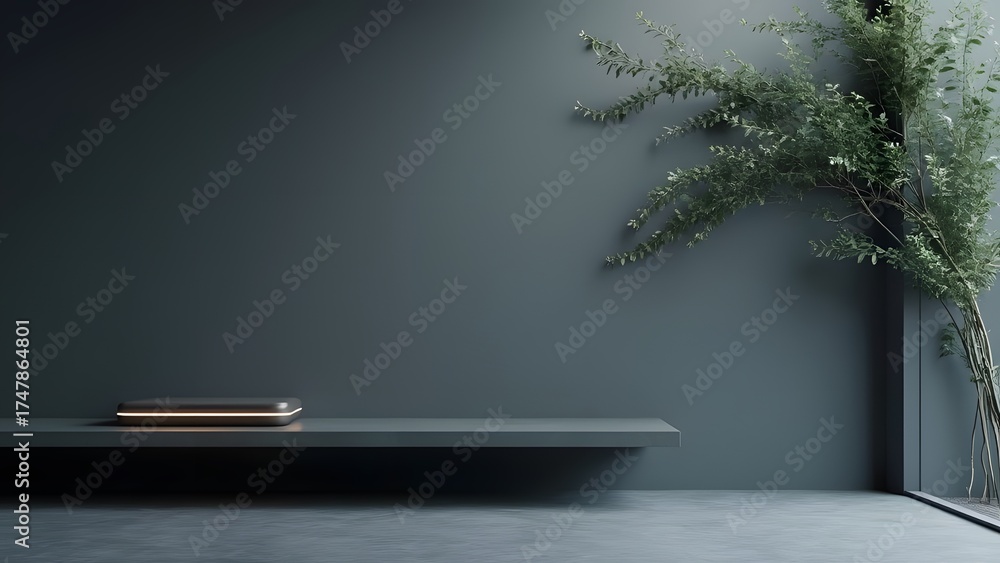 Obraz premium Modern Minimalist Dark Room Interior Design with Illuminated Shelf and Plant