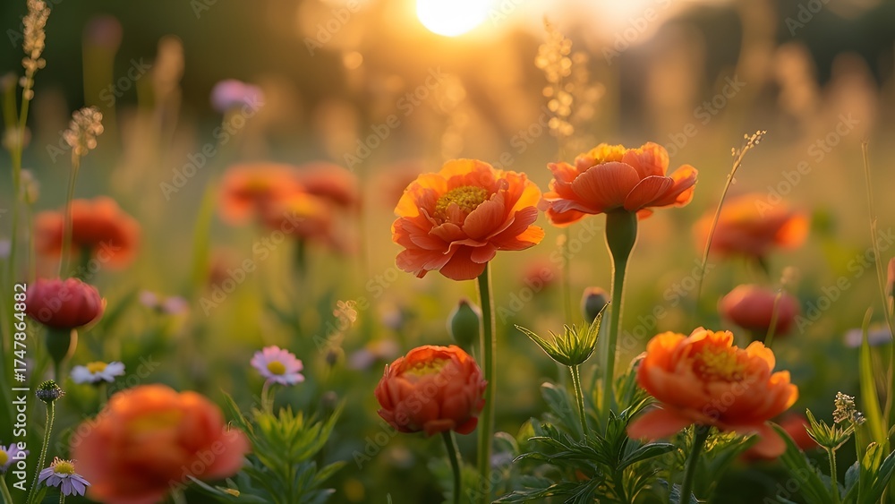 Fototapeta premium Vibrant Orange Flowers Sunset Meadow Bloom