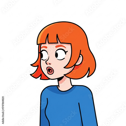 Surprised cartoon woman with red hair looking left with an open mouth, conveying shock, astonishment, or disbelief in a fun, quirky style