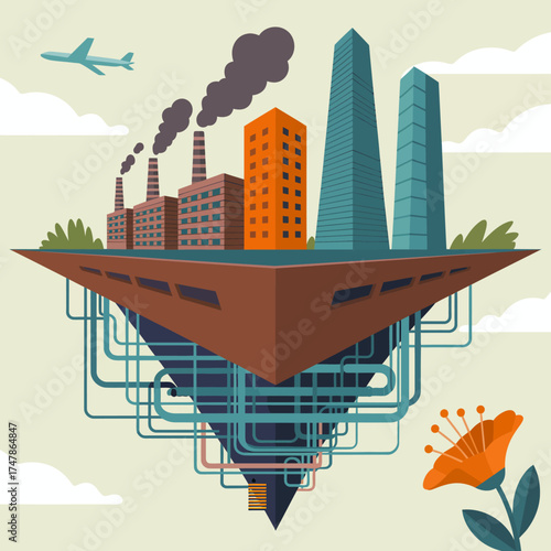 This digital artwork depicts a futuristic landscape featuring floating industrial buildings and pipes, blending elements of nature and urbanization in a surreal manner.