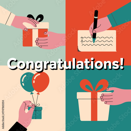 This vibrant illustration showcases joyful imagery of gifts, balloons, and celebratory elements, perfect for congratulating someone on special occasions.