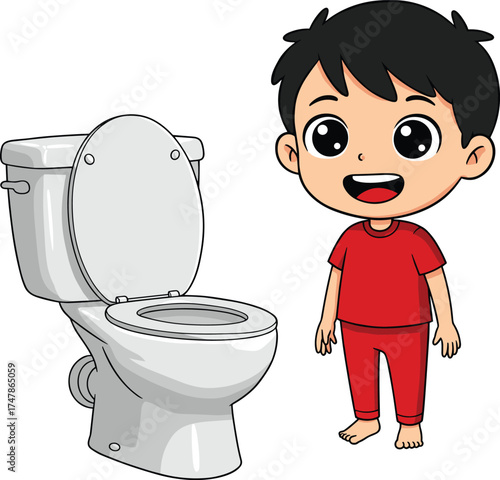Cartoon child standing beside toilet, educational vector illustration for hygiene habits, potty training, bathroom behavior, daily routine, and home learning themes