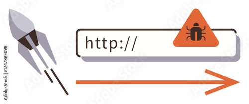 Malware alert in a URL bar with bug icon and warning sign, combined with a launching rocket symbolizing speed and resolution. Ideal for cybersecurity, technology, warnings, hacking, malware, IT