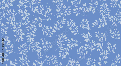A delicate pattern of light blue floral branches scattered across a serene blue background.