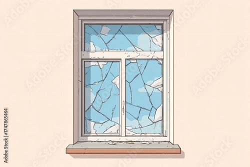 Shattered window frame in minimal illustration style, pastel beige and sky blue colors, symbol of vandalism, trauma and urgent glazing repair for home safety brochure 