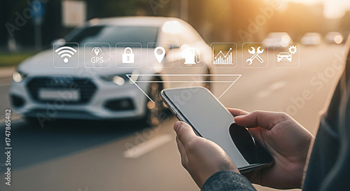 Person using a smartphone app for car management with vehicle icons overlayed on the road near a white car showing connectivity features