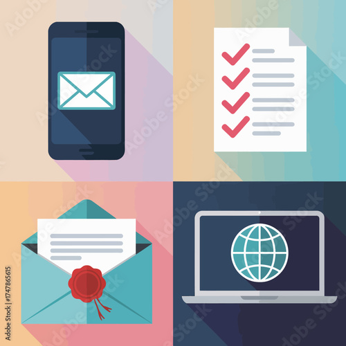 This image showcases various communication tools like a smartphone, email envelope, and a checklist, highlighting modern connectivity and organization.