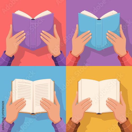 This artistic representation shows hands holding colorful books in various settings, symbolizing knowledge, learning, and the joy of reading across different backgrounds.