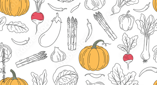 A charming pattern of colorful and sketched vegetables perfect for autumn harvest themes.