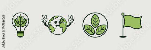 This image features a series of eco-friendly icons emphasizing sustainability, including a lightbulb, globe, leaves, and a flag, symbolizing environmental consciousness.