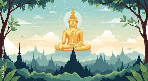 Golden Buddha statue sitting peacefully amongst lush green trees and serene mountains.