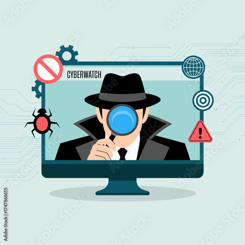 An illustration of a detective inspecting a computer screen highlights cybersecurity issues, showcasing the importance of vigilance in the digital space.