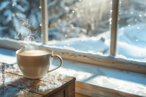 close-up photo of hands in knitted wool gloves holding a steaming mug of hot cocoa