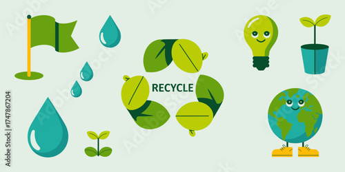 An energetic arrangement of recycling symbols and nature icons, reflecting the importance of eco-friendliness and sustainable practices for a cleaner planet and environment.