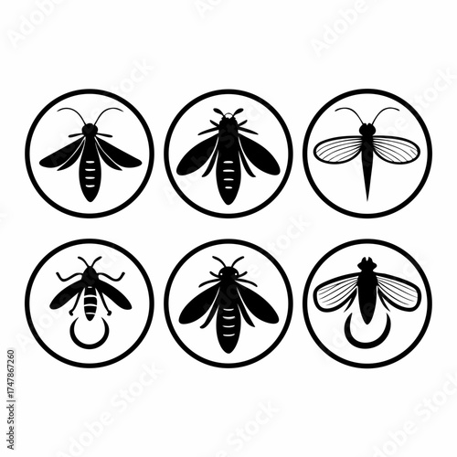 Collection of six insect icons in black circles, featuring bee, firefly and mayfly