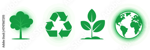 This illustration displays vibrant green icons representing a tree, recycling symbol, sprouting leaves, and the globe, highlighting the significance of ecological awareness.