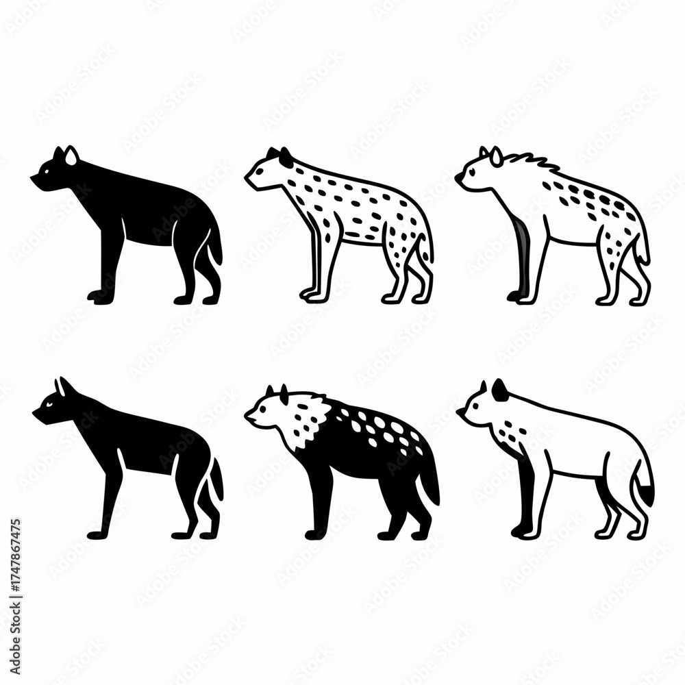 Fototapeta premium Collection of hyena icons in various poses and styles, showcasing different patterns
