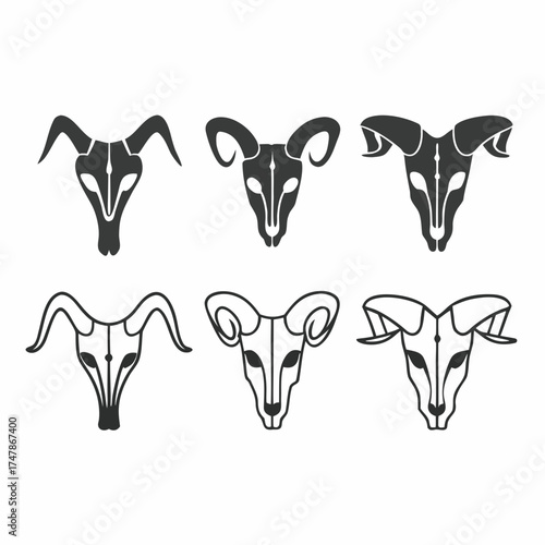 Collection of ram skull icons, showcasing various styles and designs