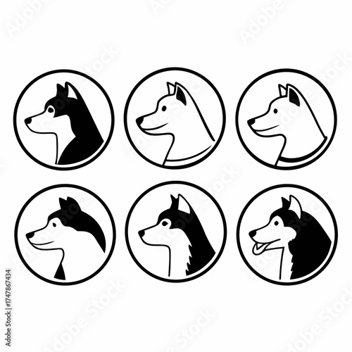 Collection of six husky dog head icons in black and white vector illustration