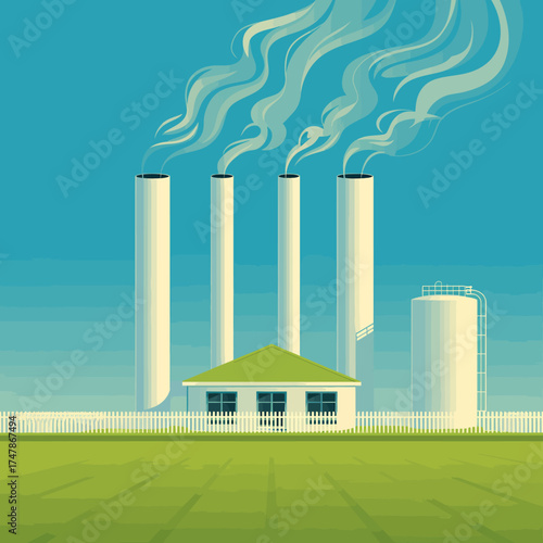 An artistic depiction of a piping factory highlighting four smokestacks rising into the atmosphere alongside a small green-roofed house, symbolizing industrial life.