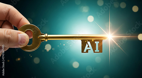 Hand holding a golden ai key against a bokeh background with a bright light representing the unlocking of artificial intelligence potential