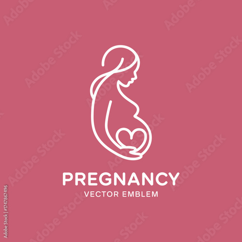 A beautifully stylized pregnancy vector emblem featuring a woman cradling her belly with a heart, symbolizing love and the journey of motherhood in an artistic way.