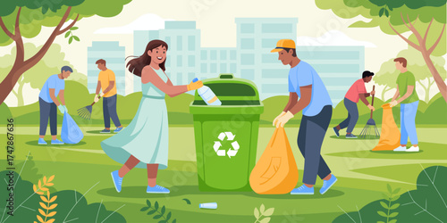 A dynamic group of people participating in a community cleanup event in a park, showcasing collaboration for a cleaner environment amidst urban scenery.
