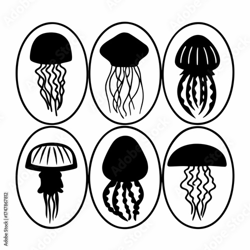 Diverse jellyfish icon set, presenting various forms and tentacle patterns