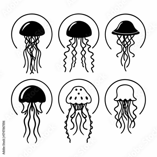 Collection of jellyfish vector icons, various shapes and sizes, simple design