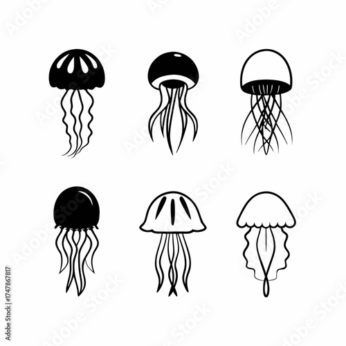 Jellyfish icon collection, showcasing different shapes and tentacle designs