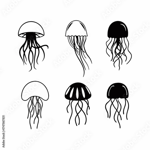 Collection of jellyfish vector icons, various shapes and sizes, simple design