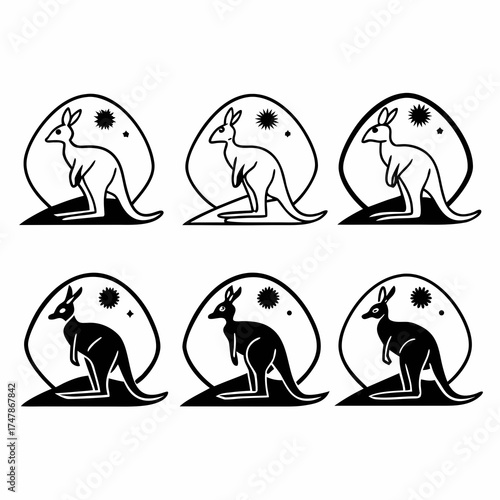 Six kangaroos in black and white, some standing on hills with suns