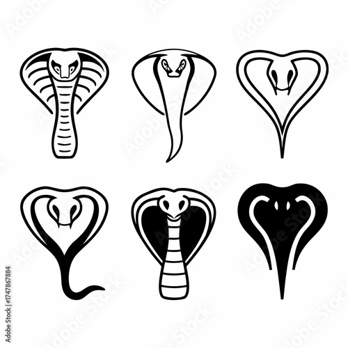 Set of six cobra snake illustrations, showcasing diverse design variations and styles