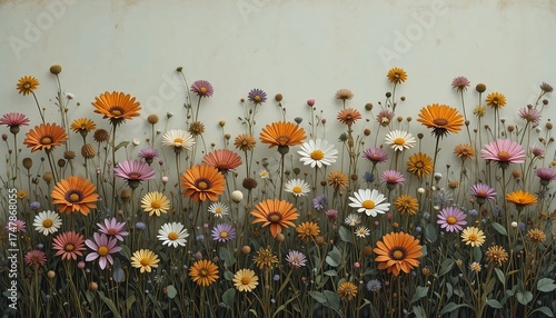 A whimsical display of colorful daisies in a field against a soft neutral backdrop creating a serene scene