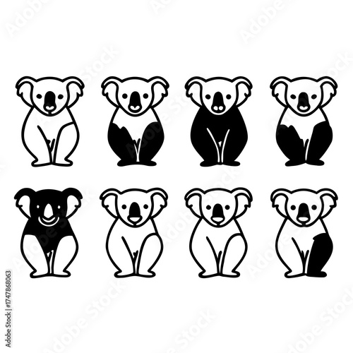 Collection of eight different koala bears in black and white vector illustration