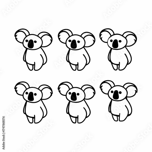 Collection of six different koala bears in black and white vector illustration